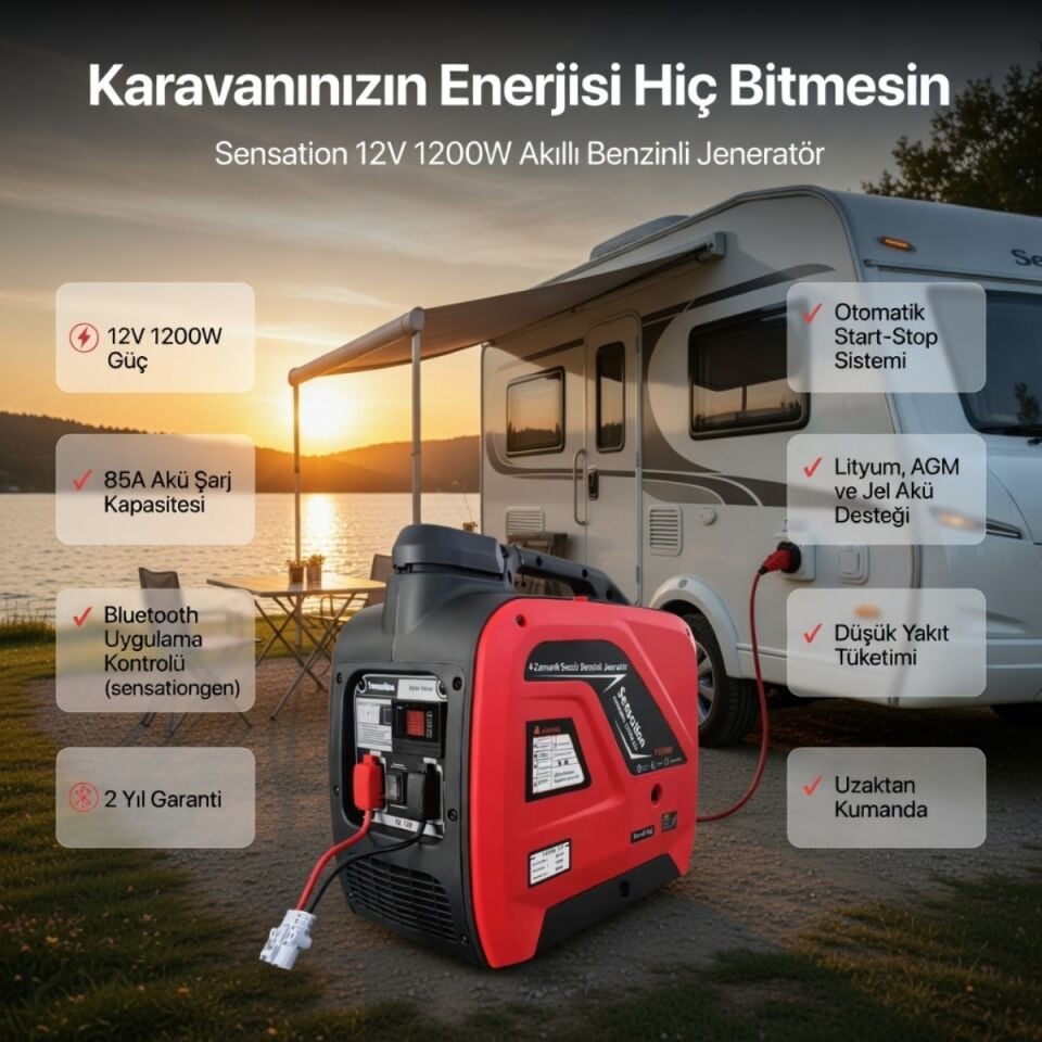 Sensation Sessiz 12V 4 Zamanlı Benzinli Jeneratör 1200W 85A